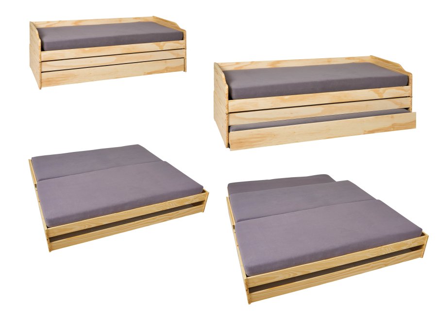 NORDIC LIVING COLLECTION 3-i-1 funksjonssofa Lotar 90x200 laget av heltre i naturlig lakk med 3 liggeflater inkludert lamellbunn