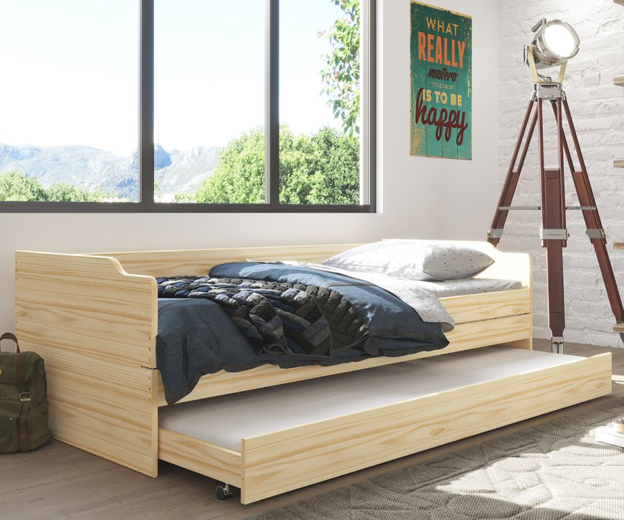 NORDIC LIVING COLLECTION 3-i-1 funksjonssofa Lotar 90x200 laget av heltre i naturlig lakk med 3 liggeflater inkludert lamellbunn