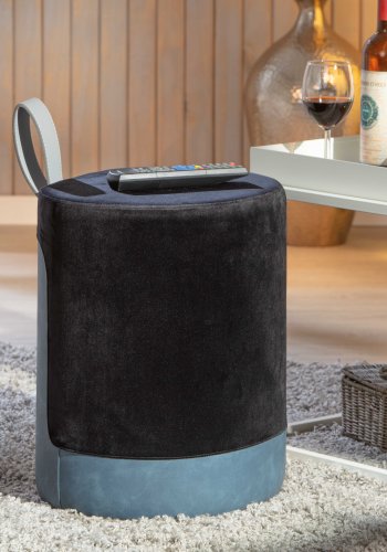 NORDIC LIVING COLLECTION Osane pall i svart sammet med PU-handtag, f�rvaringsutrymme och b�rrem i konstl�der