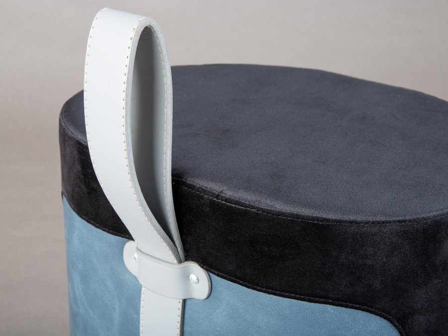 NORDIC LIVING COLLECTION Osane pall i svart sammet med PU-handtag, f�rvaringsutrymme och b�rrem i konstl�der