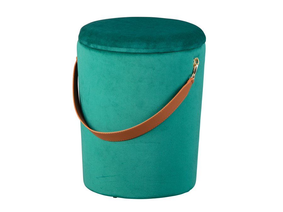 NORDIC LIVING COLLECTION Papua-pall i gr�n sammet med PU-handtag, f�rvaringsutrymme och b�rrem i konstl�der
