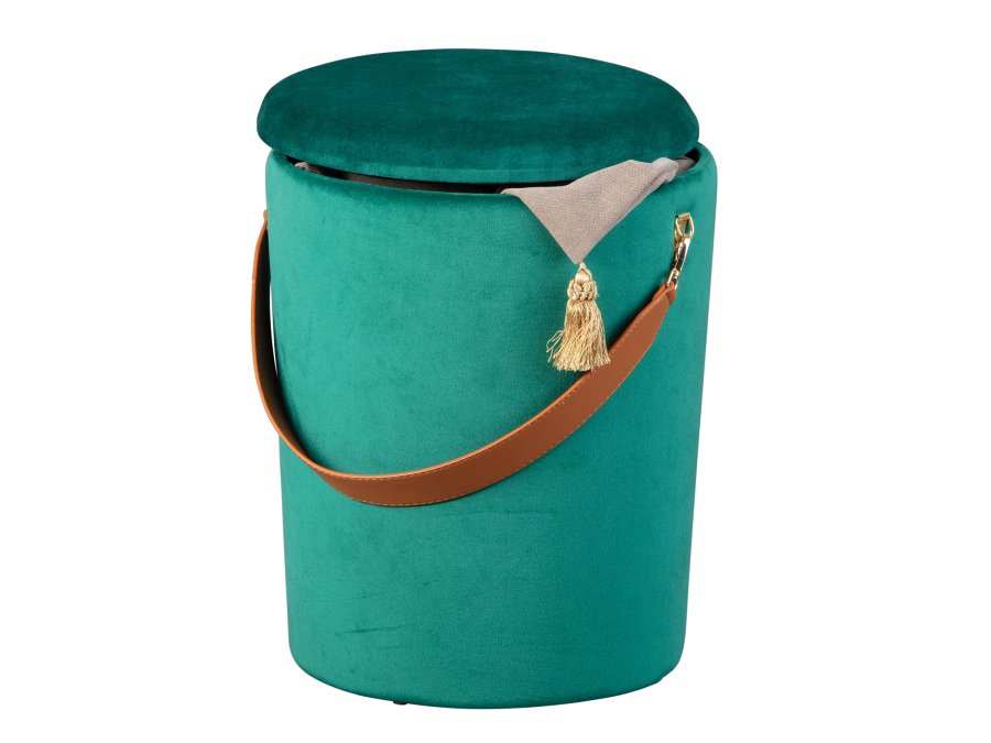 NORDIC LIVING COLLECTION Papua-pall i gr�n sammet med PU-handtag, f�rvaringsutrymme och b�rrem i konstl�der