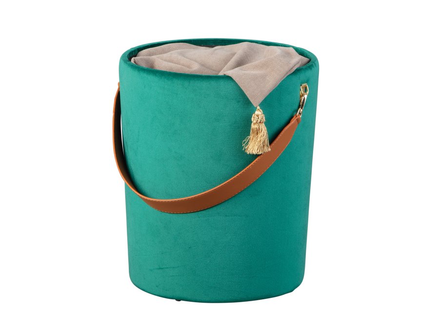 NORDIC LIVING COLLECTION Papua-pall i gr�n sammet med PU-handtag, f�rvaringsutrymme och b�rrem i konstl�der