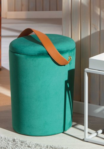 NORDIC LIVING COLLECTION Papua-pall i gr�n sammet med PU-handtag, f�rvaringsutrymme och b�rrem i konstl�der