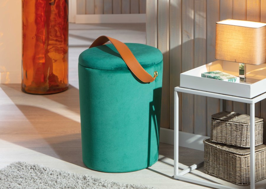NORDIC LIVING COLLECTION Papua-pall i gr�n sammet med PU-handtag, f�rvaringsutrymme och b�rrem i konstl�der