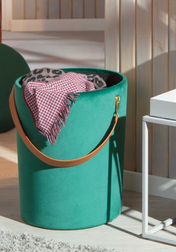 NORDIC LIVING COLLECTION Papua-pall i gr�n sammet med PU-handtag, f�rvaringsutrymme och b�rrem i konstl�der