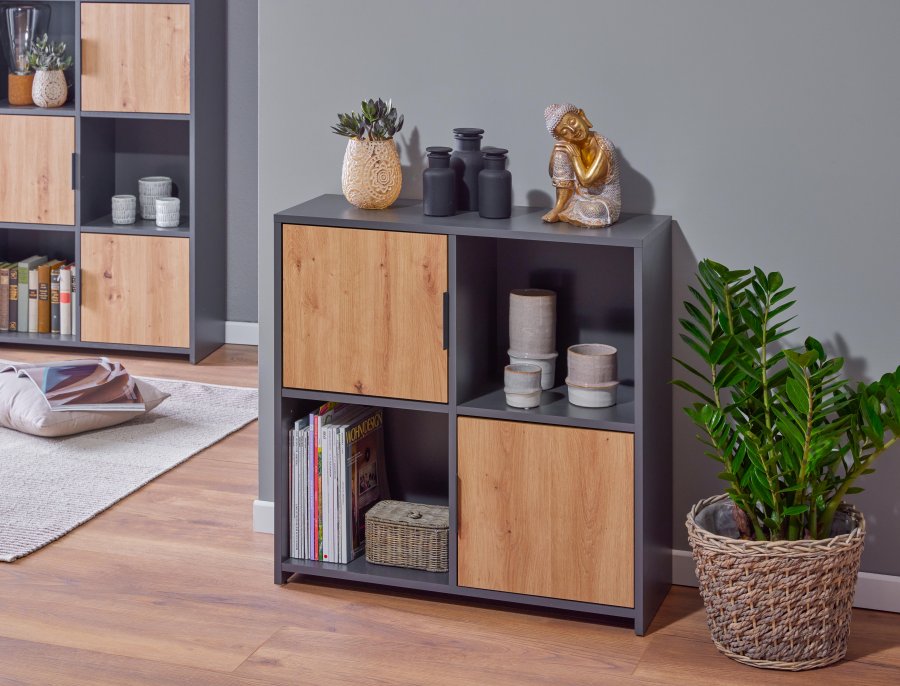 NORDIC LIVING COLLECTION Pepeto frittst�ende bokhylle med 2 d�rer og 2 rom, h�ndlaget eik/antrasitt
