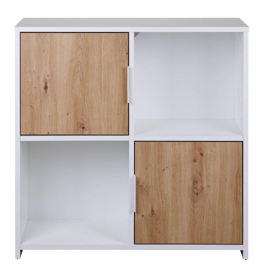 NORDIC LIVING COLLECTION Pepeto 2T frittst�ende hylle i h�ndlaget eik/hvit med 2 rom og 2 d�rer
