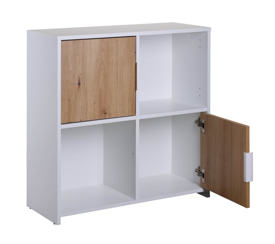 NORDIC LIVING COLLECTION Pepeto 2T frittst�ende hylle i h�ndlaget eik/hvit med 2 rom og 2 d�rer