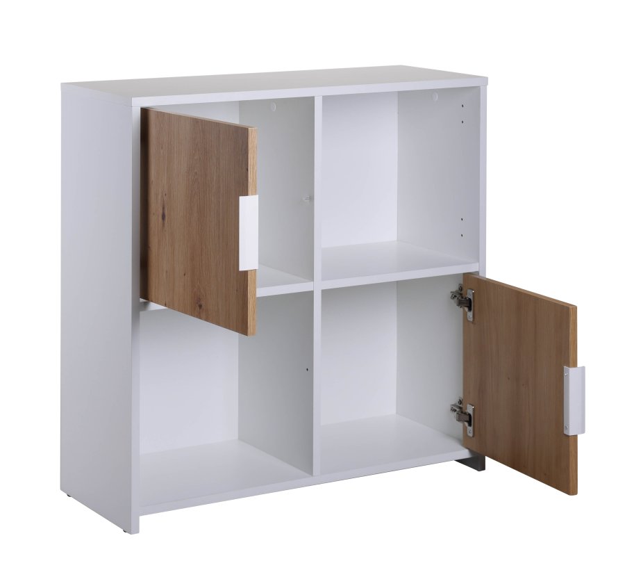 NORDIC LIVING COLLECTION Pepeto 2T frittst�ende hylle i h�ndlaget eik/hvit med 2 rom og 2 d�rer