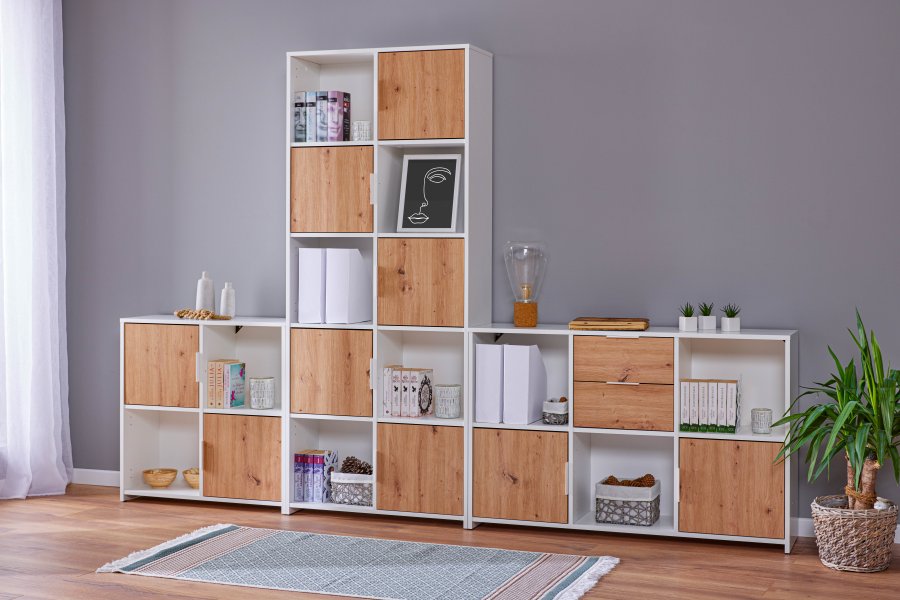 NORDIC LIVING COLLECTION Pepeto 2T frittst�ende hylle i h�ndlaget eik/hvit med 2 rom og 2 d�rer