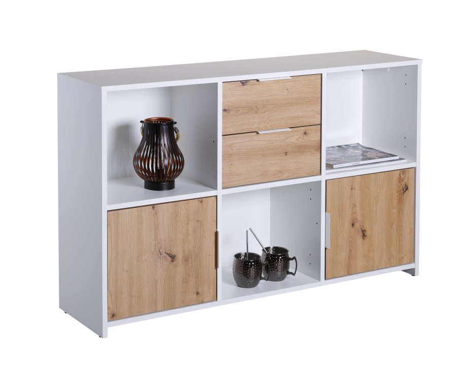 NORDIC LIVING COLLECTION Pepeto 2T2S kommode i h�ndlaget eik/hvit med 3 rom og 3 d�rer