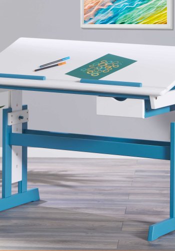 NORDIC LIVING COLLECTION Pijii skrivbord, vit petrol, massivt tr�, h�jdjusterbart med tippbart hyllplan
