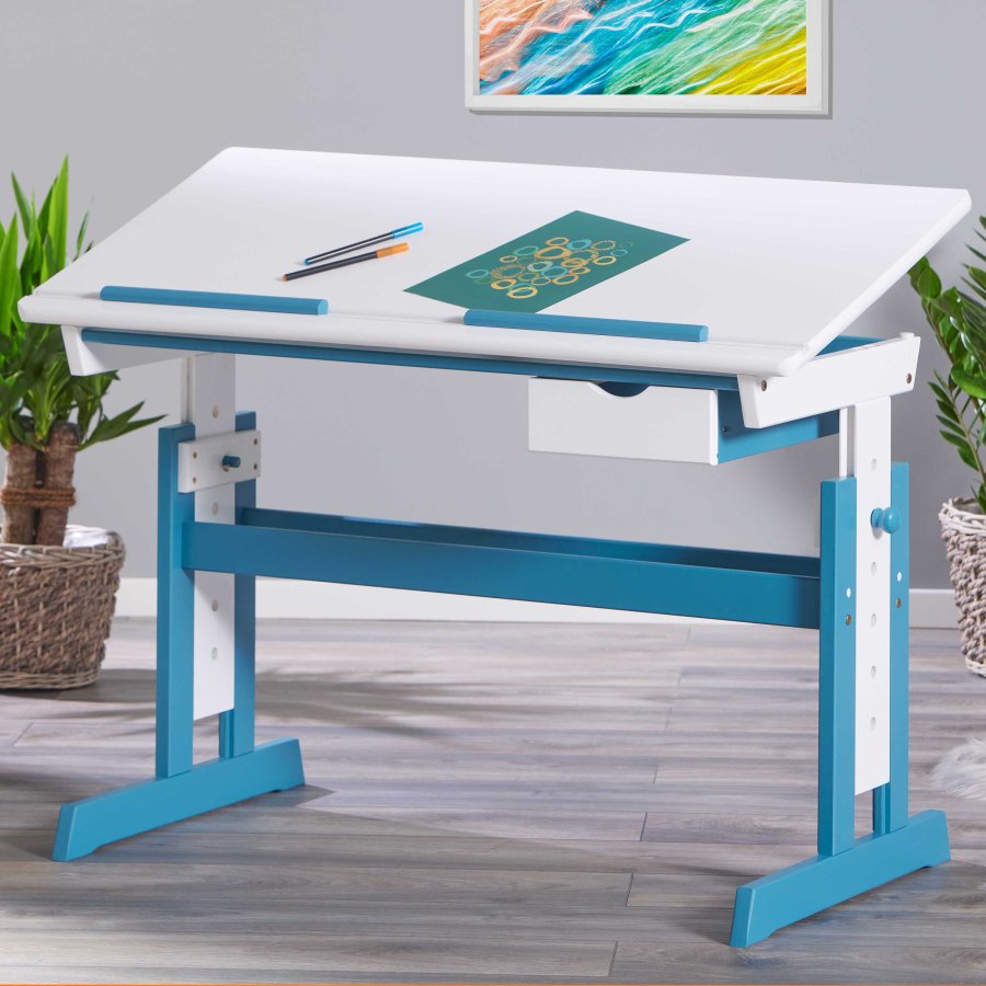 NORDIC LIVING COLLECTION Pijii skrivbord, vit petrol, massivt tr�, h�jdjusterbart med tippbart hyllplan