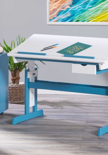 NORDIC LIVING COLLECTION Pijii skrivbord, vit petrol, massivt tr�, h�jdjusterbart med tippbart hyllplan