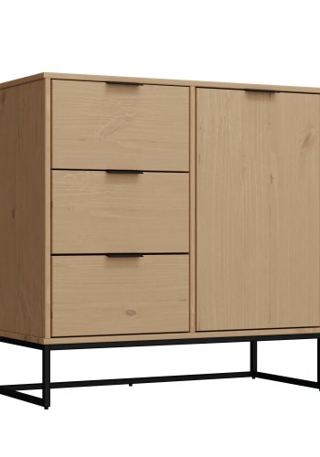 NORDIC LIVING COLLECTION Moderne kommode laget av heltre furu, lakkert i Oak Colori. Stabilt stativ takket v�re svart metallramme, h�ndtak i svart metall av h�y kvalitet, god oppbevaringsplass med 3 skuffer, 1 d�r med hylle.