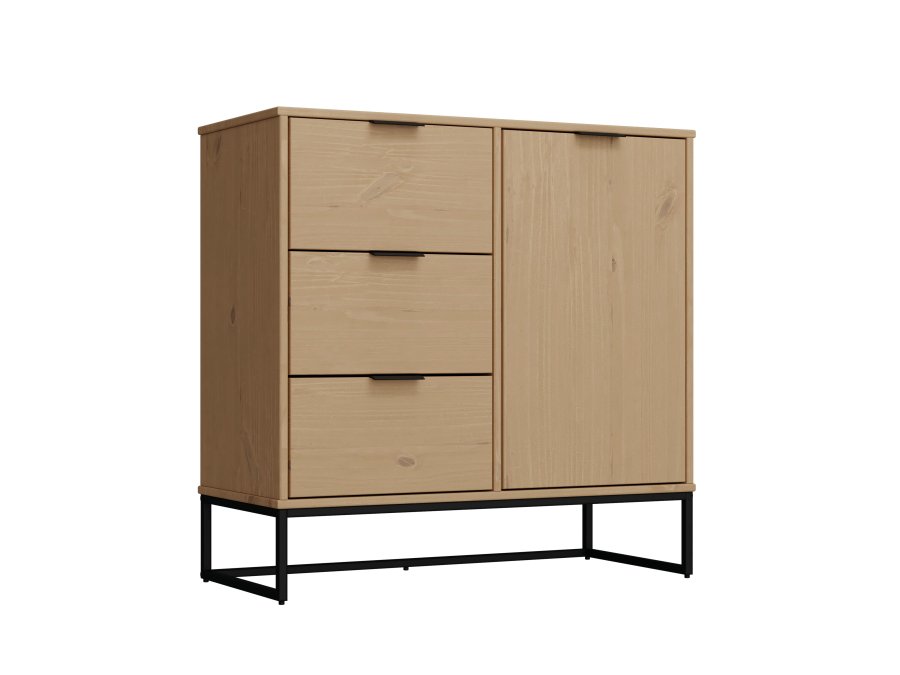NORDIC LIVING COLLECTION Moderne kommode laget av heltre furu, lakkert i Oak Colori. Stabilt stativ takket v�re svart metallramme, h�ndtak i svart metall av h�y kvalitet, god oppbevaringsplass med 3 skuffer, 1 d�r med hylle.