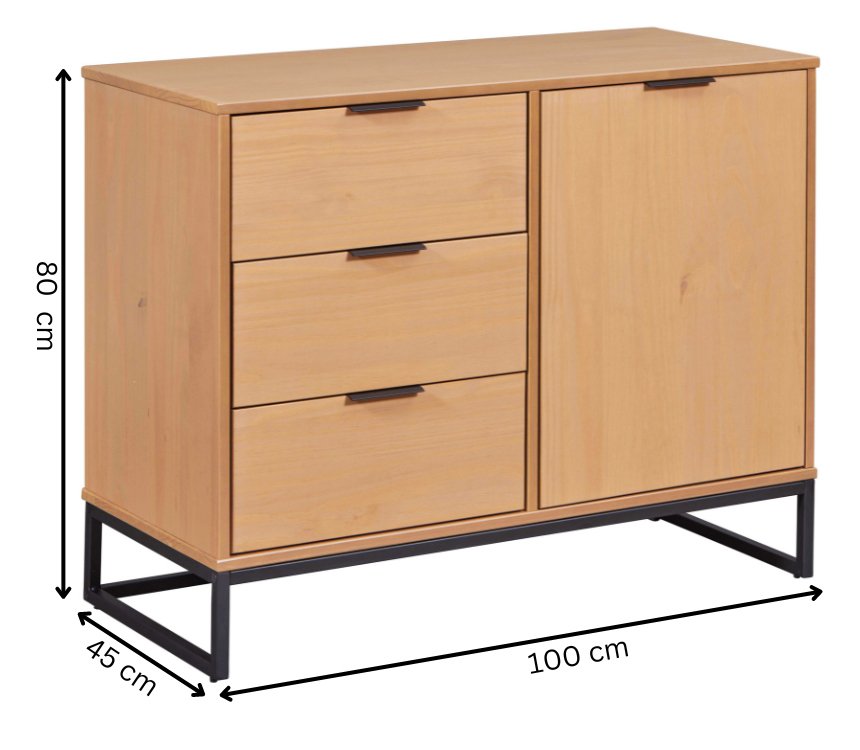 NORDIC LIVING COLLECTION Moderne kommode laget av heltre furu, lakkert i Oak Colori. Stabilt stativ takket v�re svart metallramme, h�ndtak i svart metall av h�y kvalitet, god oppbevaringsplass med 3 skuffer, 1 d�r med hylle.