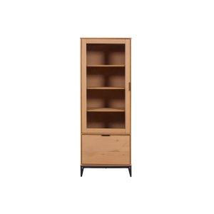 NORDIC LIVING COLLECTION Moderne veggskap i heltre furu, lakkert i Oak Colori. Stabil base takket v�re en svart metallramme, h�ndtak i svart metall av h�y kvalitet, god oppbevaringsplass med en skuff. Tre hyller og en d�r med glassinnsats.