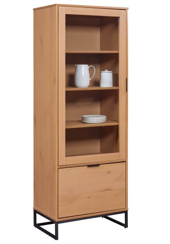 NORDIC LIVING COLLECTION Vivo vitrineskab, m. 1 glasl�ge, 1 skuffe, 3 hylder - natur fyrretr� lakeret i Oak Colori og sort metal