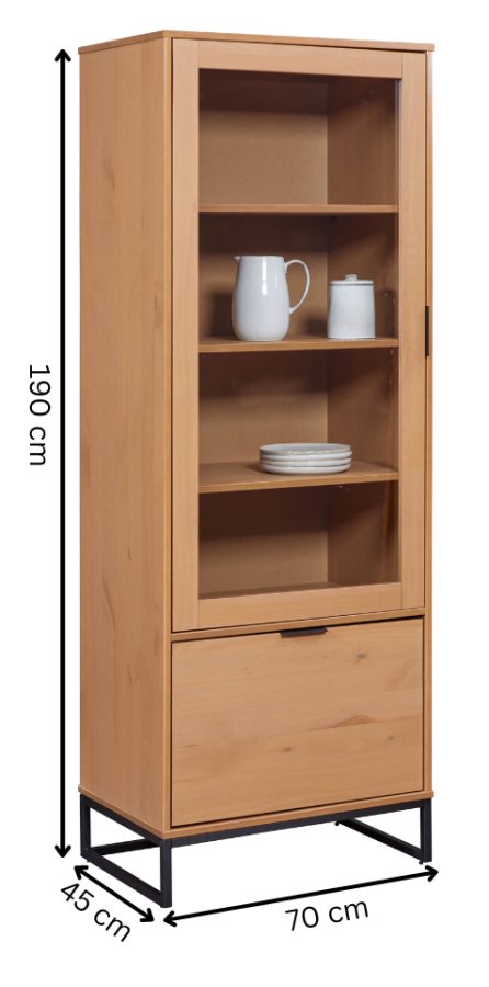 NORDIC LIVING COLLECTION Moderne veggskap i heltre furu, lakkert i Oak Colori. Stabil base takket v�re en svart metallramme, h�ndtak i svart metall av h�y kvalitet, god oppbevaringsplass med en skuff. Tre hyller og en d�r med glassinnsats.