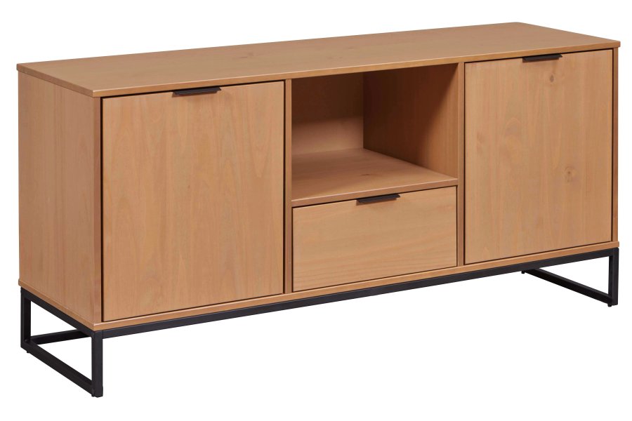 NORDIC LIVING COLLECTION Moderne kommode laget av heltre furu, lakkert i eik. Stabil base takket v�re en svart metallramme, h�ndtak i svart metall av h�y kvalitet, god oppbevaringsplass med �n skuff. To hyller bak to d�rer.