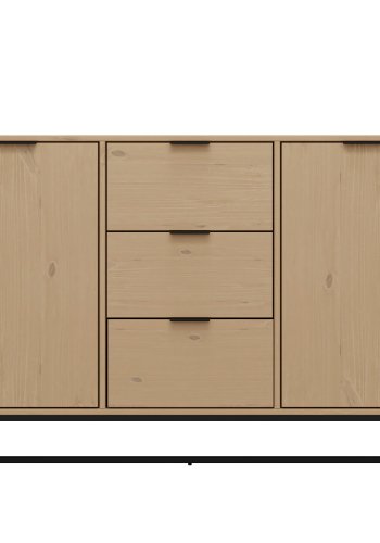 NORDIC LIVING COLLECTION Moderne kommode laget av heltre furu, lakkert i Oak Colori. Stabilt stativ takket v�re en svart metallramme, h�ndtak i svart metall av h�y kvalitet, god oppbevaringsplass med 3 skuffer, 2 d�rer med en hylle inni.