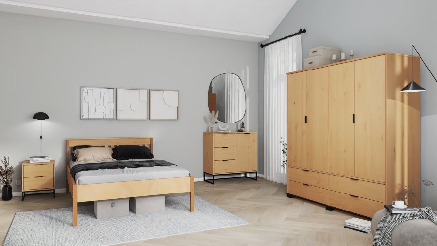 NORDIC LIVING COLLECTION Moderne kommode laget av heltre furu, lakkert i Oak Colori. Stabilt stativ takket v�re en svart metallramme, h�ndtak i svart metall av h�y kvalitet, god oppbevaringsplass med 3 skuffer, 2 d�rer med en hylle inni.