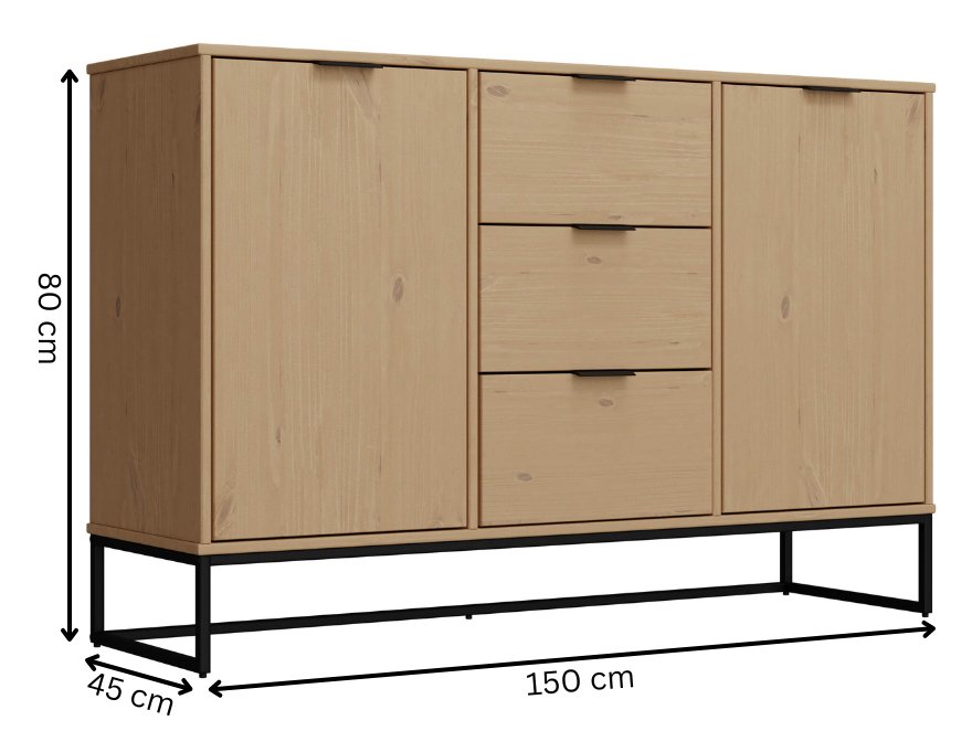 NORDIC LIVING COLLECTION Moderne kommode laget av heltre furu, lakkert i Oak Colori. Stabilt stativ takket v�re en svart metallramme, h�ndtak i svart metall av h�y kvalitet, god oppbevaringsplass med 3 skuffer, 2 d�rer med en hylle inni.