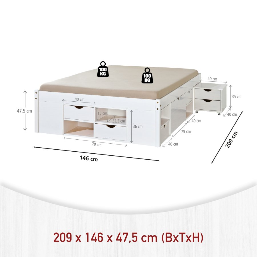NORDIC LIVING COLLECTION Massiv tr�s�ng med f�rvaring, utdragbart bord och l�dor - platsbesparande och multifunktionell i olika f�rger och storlekar