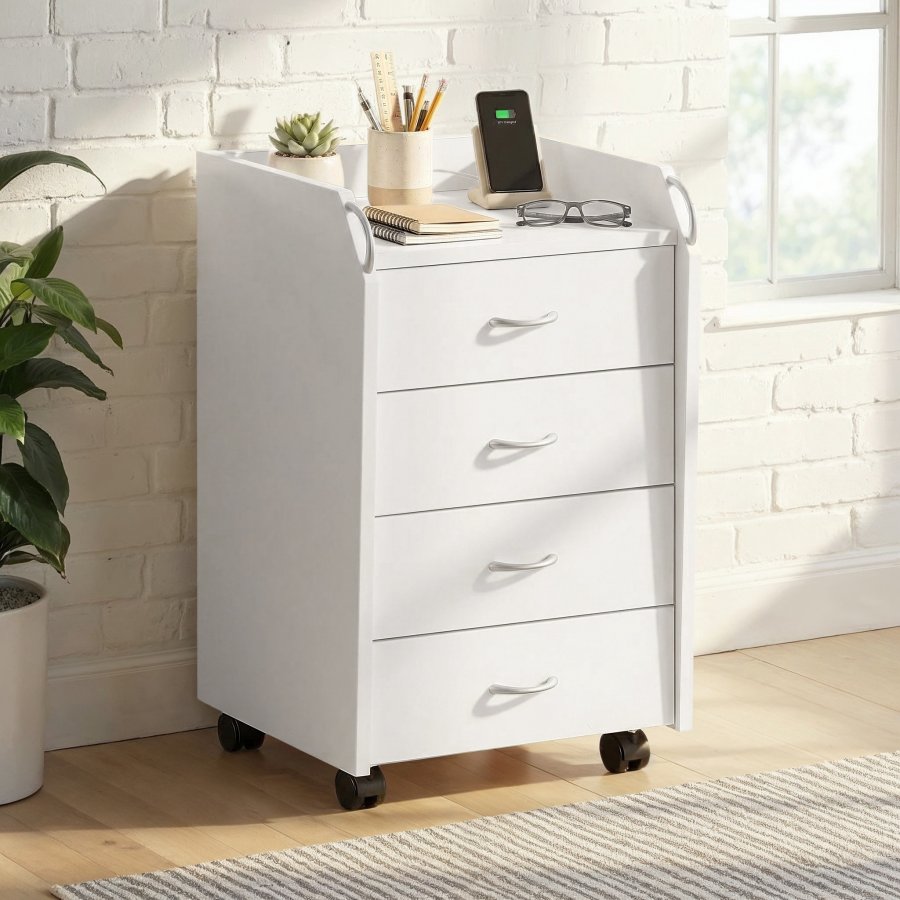 NORDIC LIVING COLLECTION Pronti hvit rullecontainer med oppbevaringsrom, 4 skuffer og 4 svingbare hjul