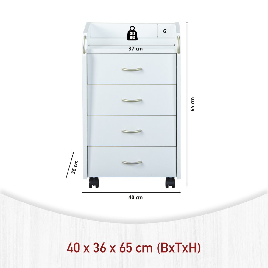 NORDIC LIVING COLLECTION Pronti hvit rullecontainer med oppbevaringsrom, 4 skuffer og 4 svingbare hjul