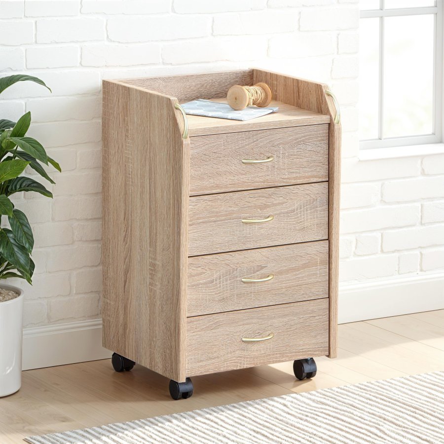 NORDIC LIVING COLLECTION Novi rullecontainer i Sonoma eik-finish med ett oppbevaringsrom, 4 skuffer og 4 svingbare hjul