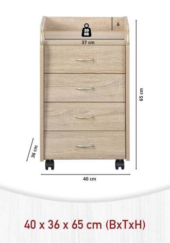 NORDIC LIVING COLLECTION Novi rullecontainer i Sonoma eik-finish med ett oppbevaringsrom, 4 skuffer og 4 svingbare hjul