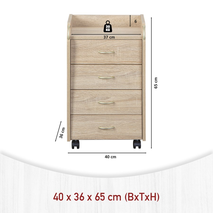 NORDIC LIVING COLLECTION Novi rullecontainer i Sonoma eik-finish med ett oppbevaringsrom, 4 skuffer og 4 svingbare hjul