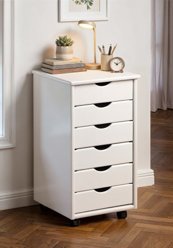 NORDIC LIVING COLLECTION Rullende beholder laget av heltre furu i hvitt med 6 skuffer