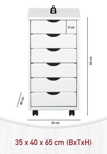 NORDIC LIVING COLLECTION Rullende beholder laget av heltre furu i hvitt med 6 skuffer