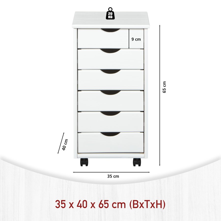 NORDIC LIVING COLLECTION Rullende beholder laget av heltre furu i hvitt med 6 skuffer
