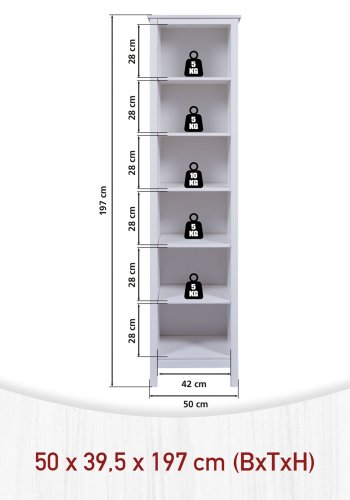 NORDIC LIVING COLLECTION  Massiv furuhylle, st�rrelse L, hvitlakkert, med 5 hyller. Totalm�l: 50 x 40 x 197 cm.