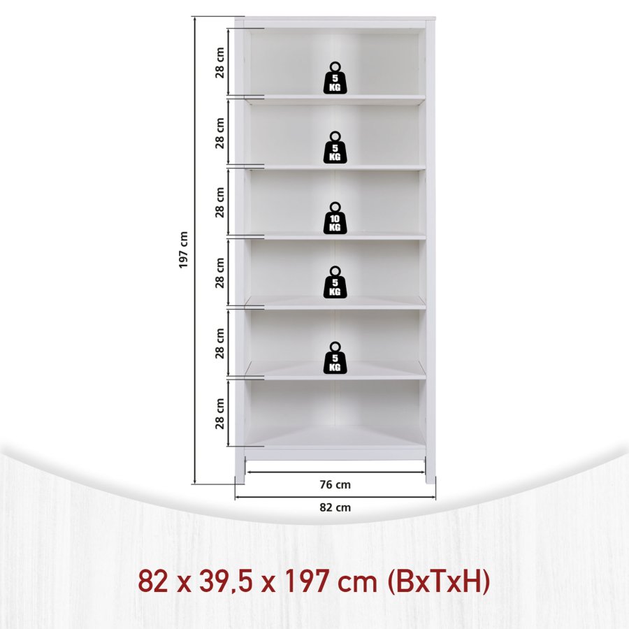 NORDIC LIVING COLLECTION Massiv furuhylle, XL-st�rrelse, hvitlakkert, med 5 hyller. Totalm�l: 85 x 39,5 x 197 cm.