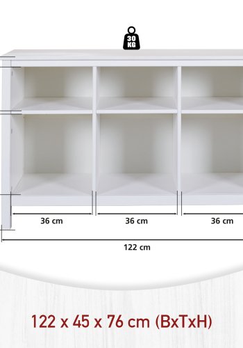 NORDIC LIVING COLLECTION  Massiv furuhylla med 3 hyllplan och 6 fack, vitlackerad. Totalm�tt: 122 x 45 x 76 cm.