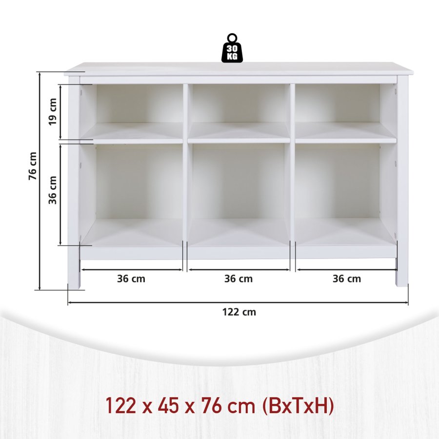 NORDIC LIVING COLLECTION  Massiv furuhylla med 3 hyllplan och 6 fack, vitlackerad. Totalm�tt: 122 x 45 x 76 cm.