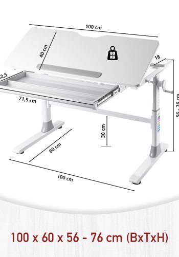 NORDIC LIVING COLLECTION Frederik b�rneskrivebord, m. vippefunktion, 1 skuffe, h�jdejusterbar - hvid metal (100x60)