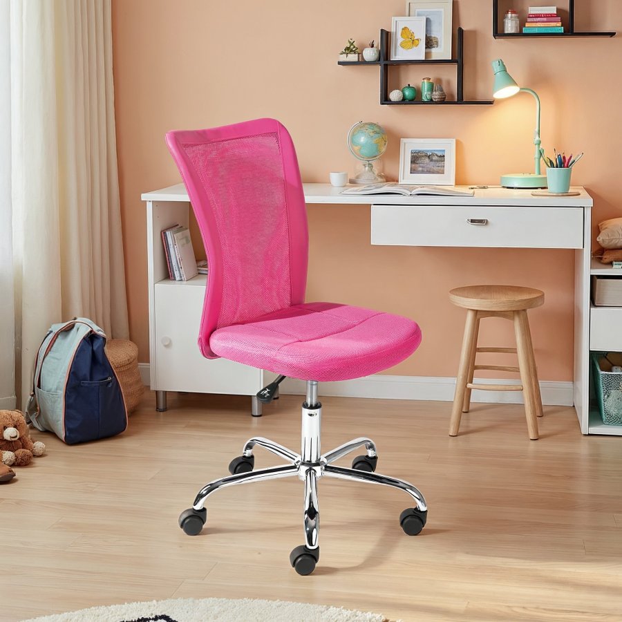 NORDIC LIVING COLLECTION Bonnie svingstol, rosa metallramme, forkrommet netting og PU-metallramme med 5 sikkerhetshjul, trinnl�st h�ydejusterbart og svingbart sete