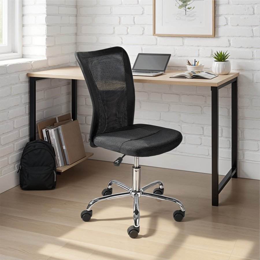 NORDIC LIVING COLLECTION Bonnie svingstol, svart metallramme, forkrommet netting + PU-metallramme med 5 sikkerhetshjul, trinnl�st h�ydejusterbart og svingbart sete