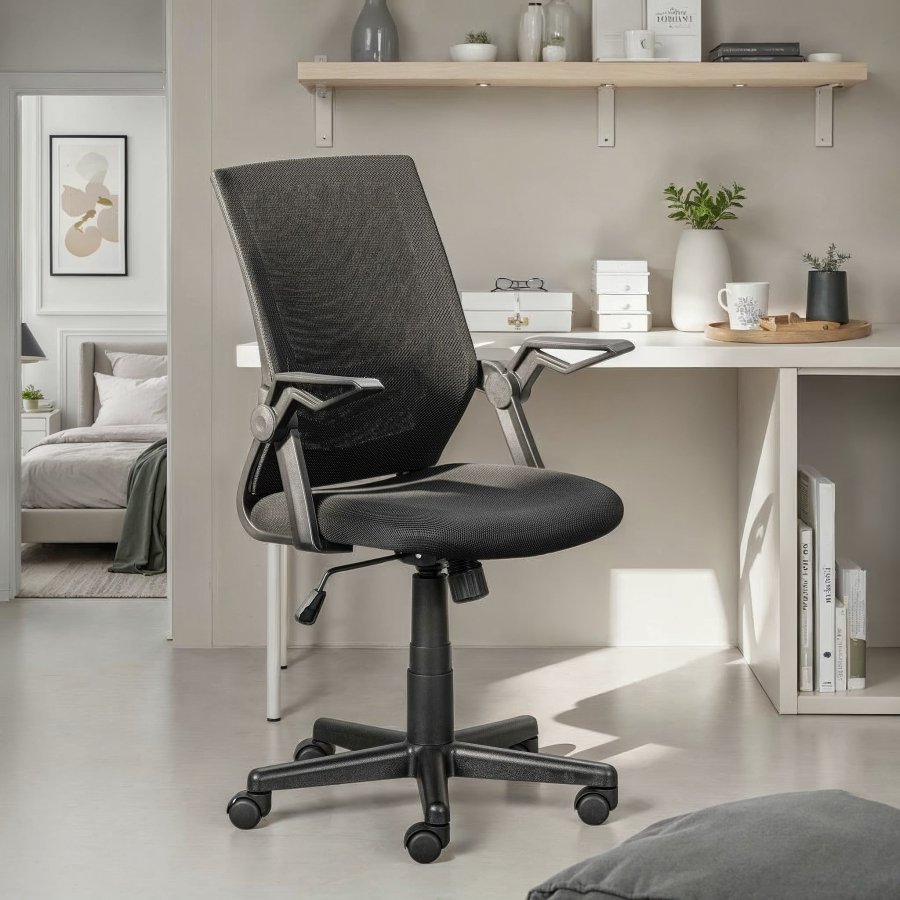 NORDIC LIVING COLLECTION Jilli Mesh snurrstol i svart med snurrsits, 5 lastberoende bromsade s&auml;kerhetshjul, f&auml;llbara armst&ouml;d, h&ouml;jdjusterbar via testad gaslyft