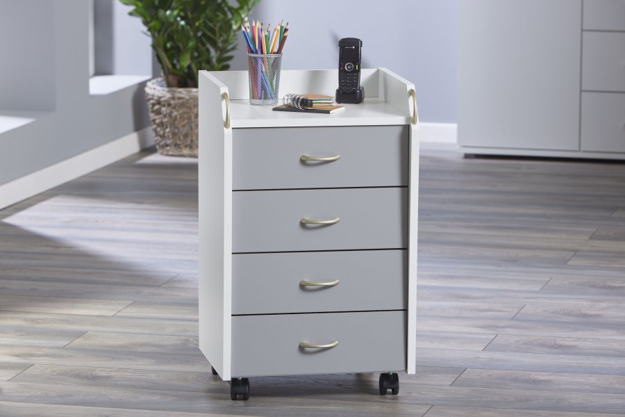 NORDIC LIVING COLLECTION Printi hvitgr� rullecontainer med oppbevaringsrom, 4 skuffer og 4 svingbare hjul