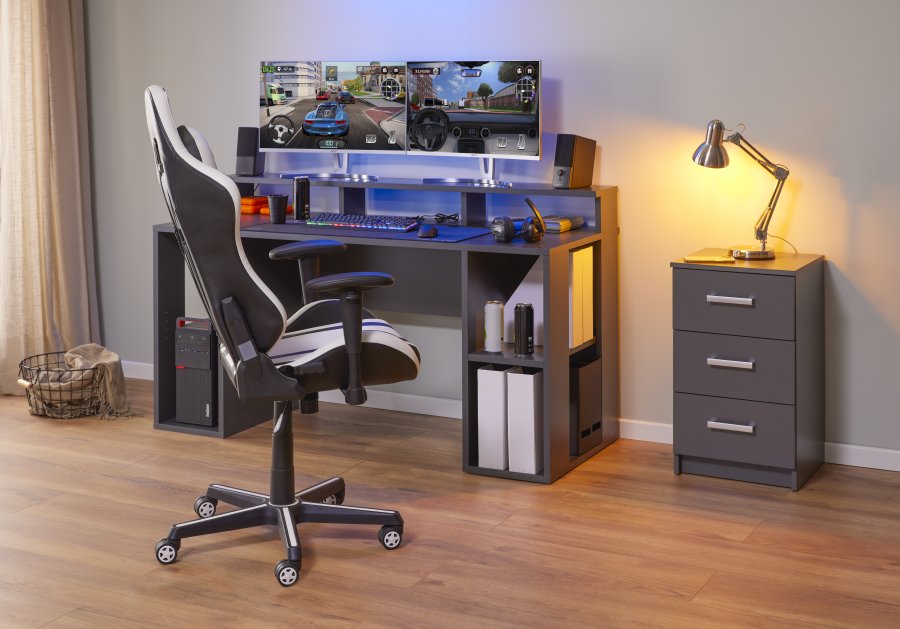NORDIC LIVING COLLECTION Match Point antrasittfarget spillbord med ekstra dyp hylle for st�rre skjermer, t�rnhylle inkludert kabeluttak