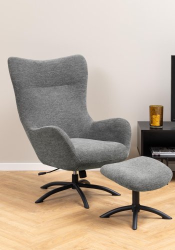 ACT NORDIC Talgarth Relaxsessel, mit Fußhocker, Handbuch – anthrazitgrauer Stoff und schwarzes Metall