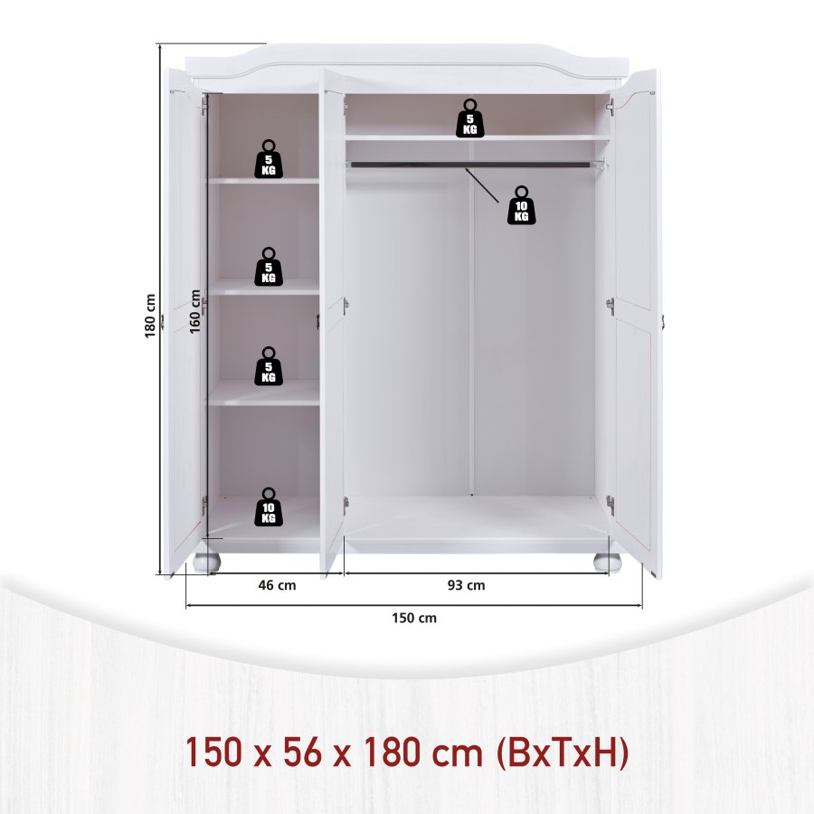 NORDIC LIVING COLLECTION Bastian lantlig garderob, 3 d�rrar, massiv furu, vit